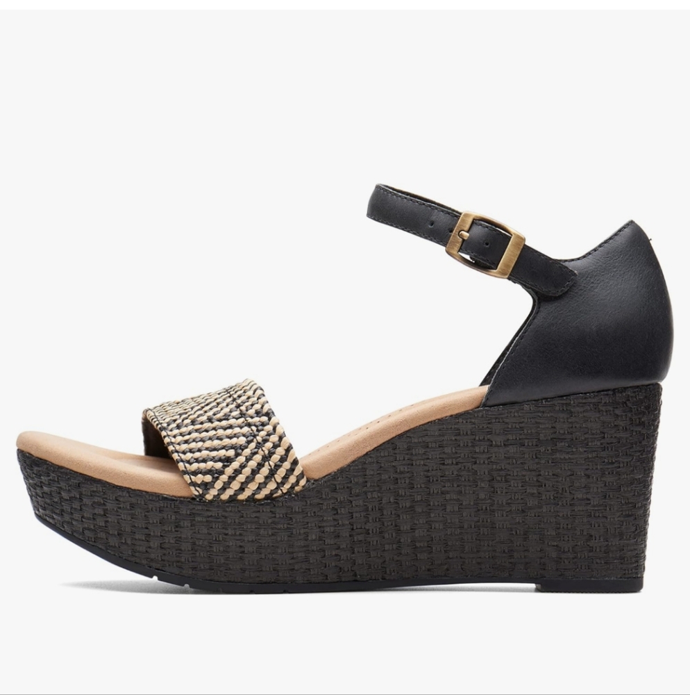 Clarks Women's Black and Tan Wedge Sandals